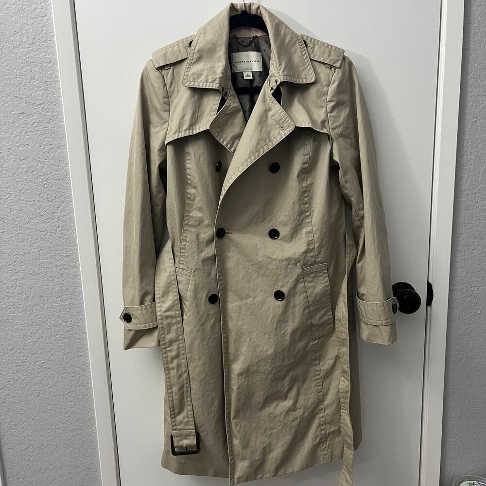 anana Republic Classic Khaki Trench Coat with Polka Dot Lining - Size M